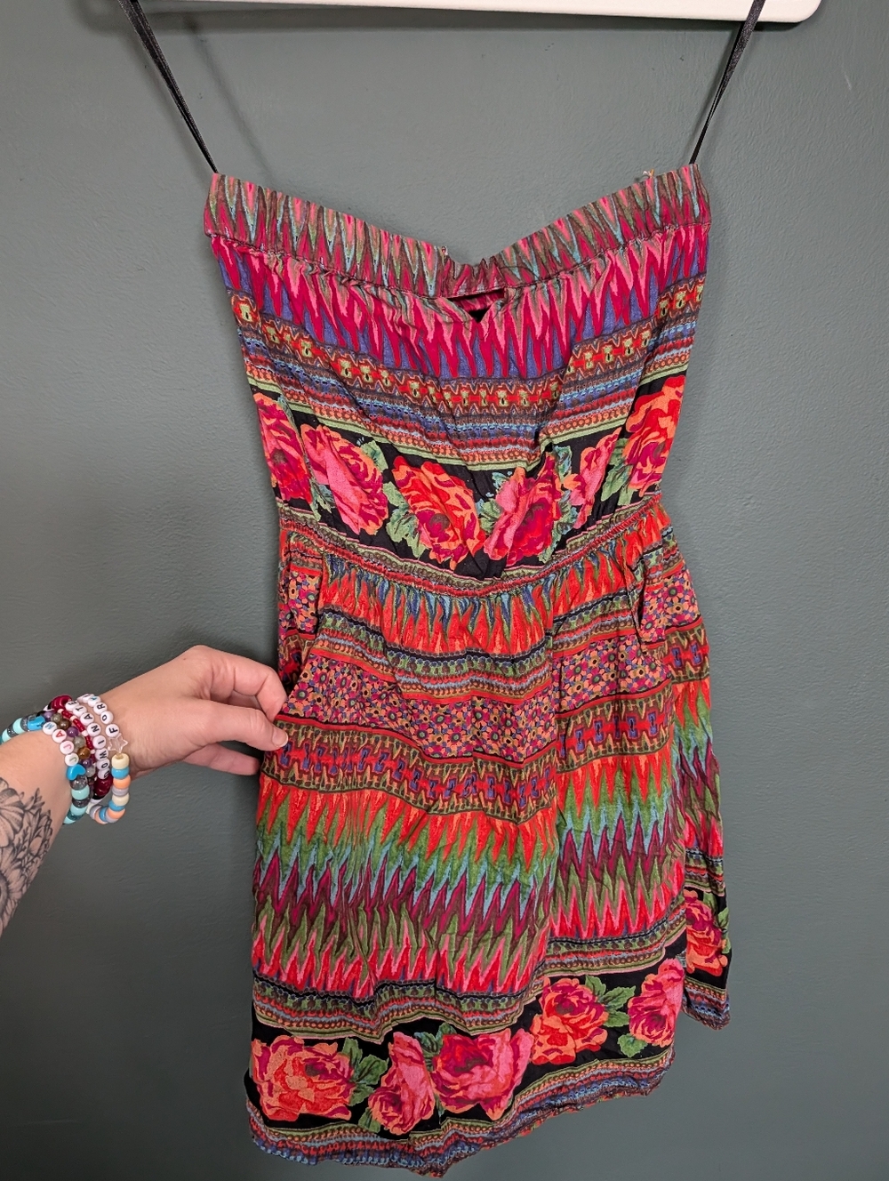 Vintage Angie Vibrant Floral Zigzag Strapless Dress - Hot Pink & Red 0011